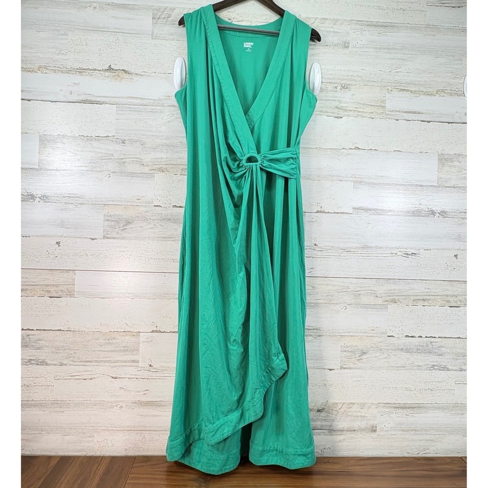 Lands End Surplice Green Cotton Modal Faux Wrap Ring Maxi Dress 1X 16W-18W